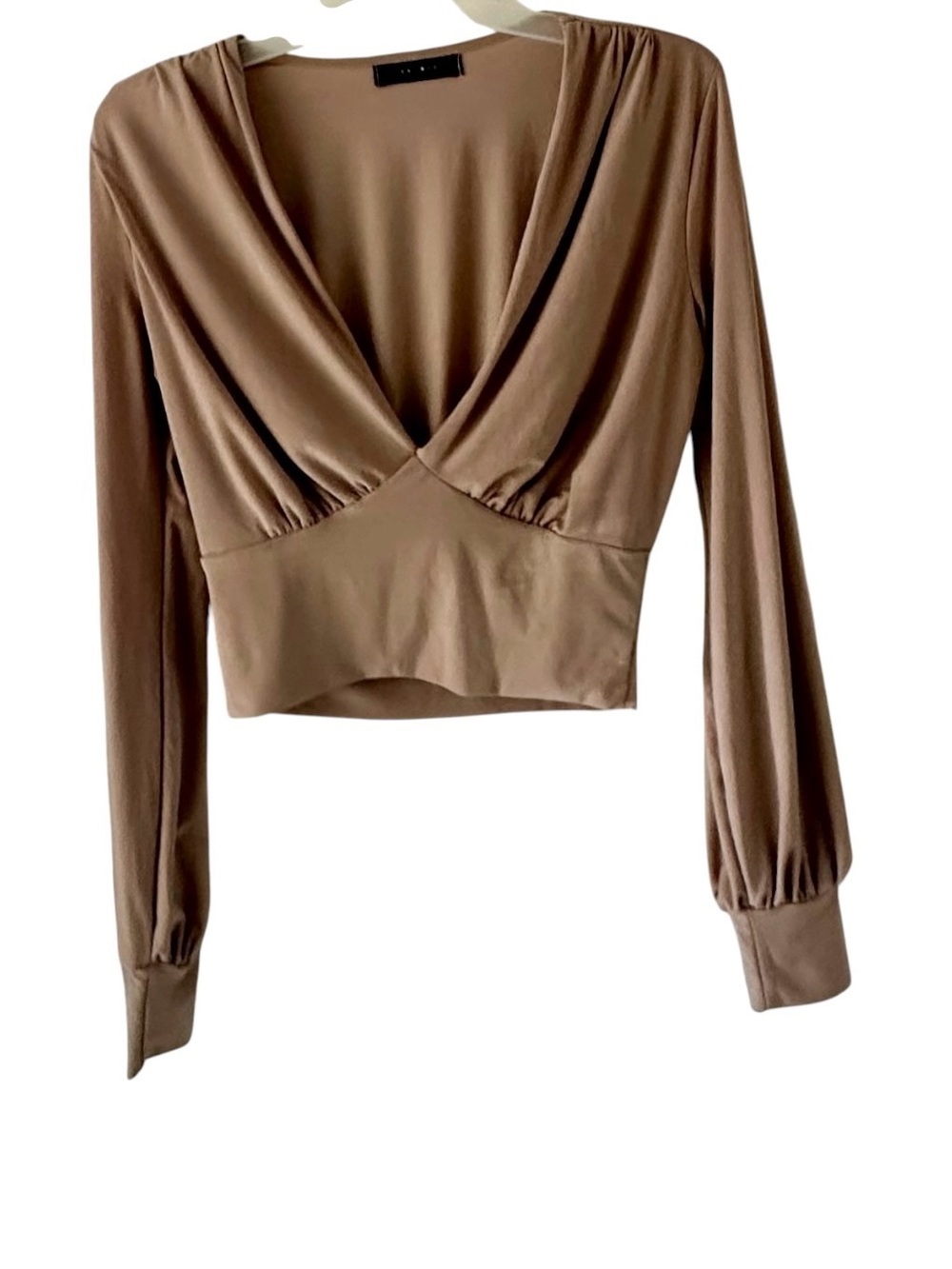 21 Saints Women’s Tan Long Sleeve V-Neck Cropped Top in Taupe